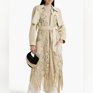 Jonathan Simkhai Yani Combo crochet and suede trench coat With Fringes, Beige M